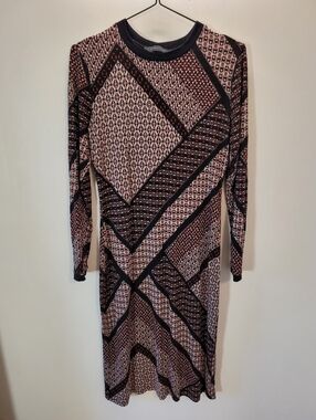 Nadya Toto Long Sleeve Geometric Print Midi Black And Red Dress - M